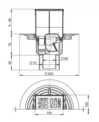APV2321 Сливной трап 105 × 105/50/75, подводка – прямая, решетка – нержавеющая сталь, гидрозатвор Alca Plast в Новокубанске